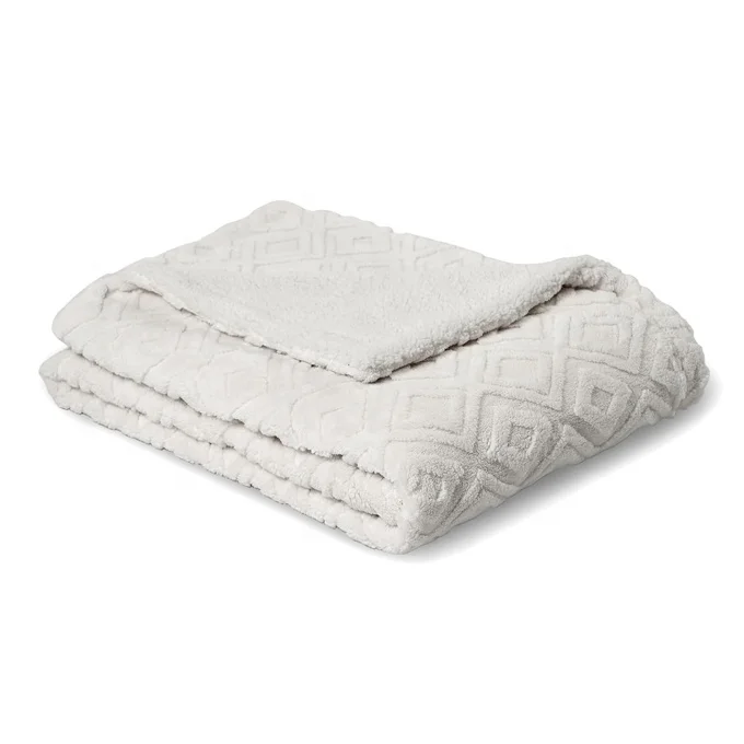check jacquard white color sherpa coral  soft warm confortable fleece winter blanket