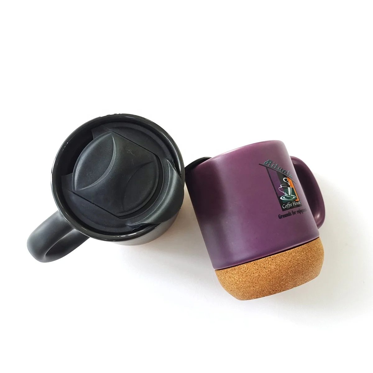 Manufacture Logo Printing 400ml Black Ceramic Coffee Mugs With Plastic Lid Cork Bottom