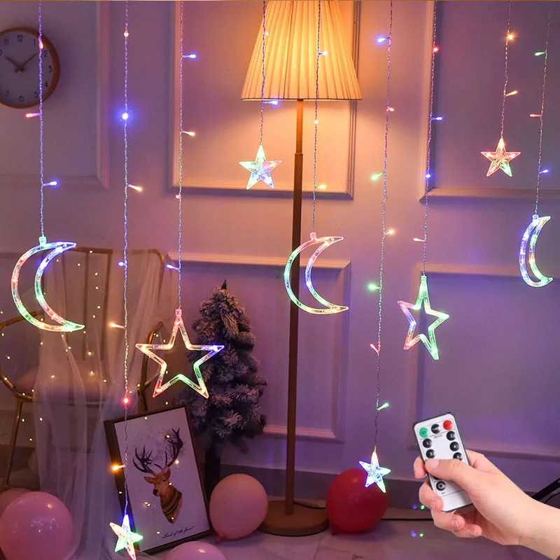 Wedding Party Home Garden Decoration Colorful LED Star Moon Lamp Romantic Fairy Curtain String Lights Christmas Lighting