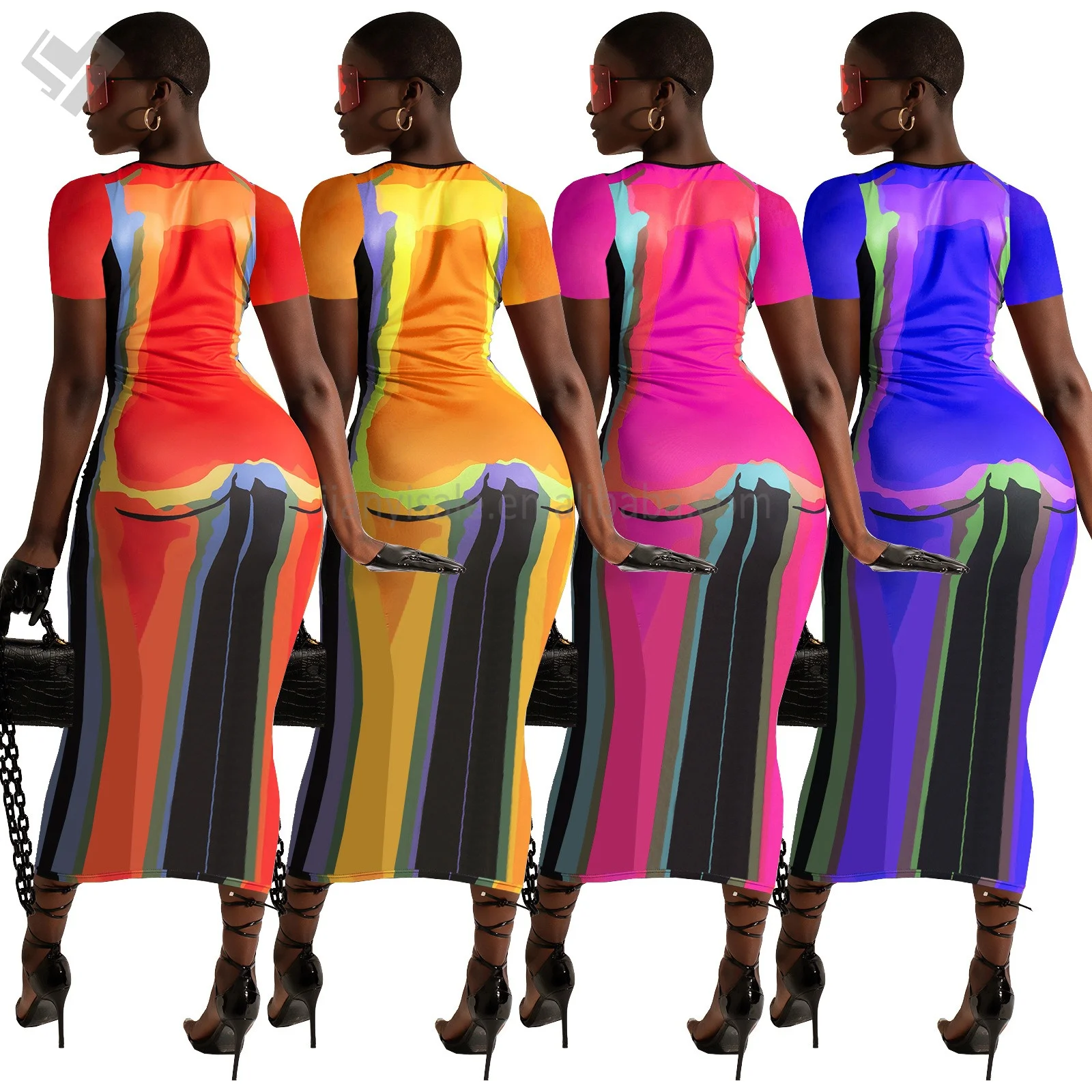 New Arrival 2024 Positioning Printed Round Neck Short Sleeved Womens Clothing Dress Party Sexy Club Bodycon Dresses