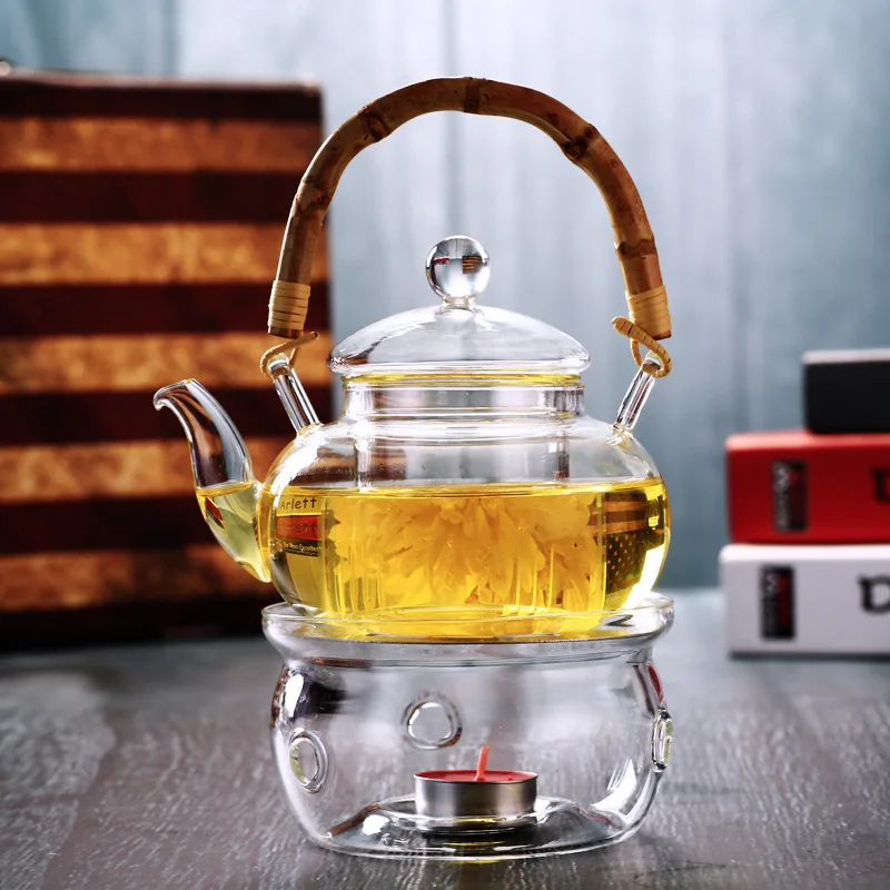 Hensin Wholesale Handmade Flower Tea High Temperature Resistant Glass High Permeability Bamboo Handle Tea Glass Pot With Infuser