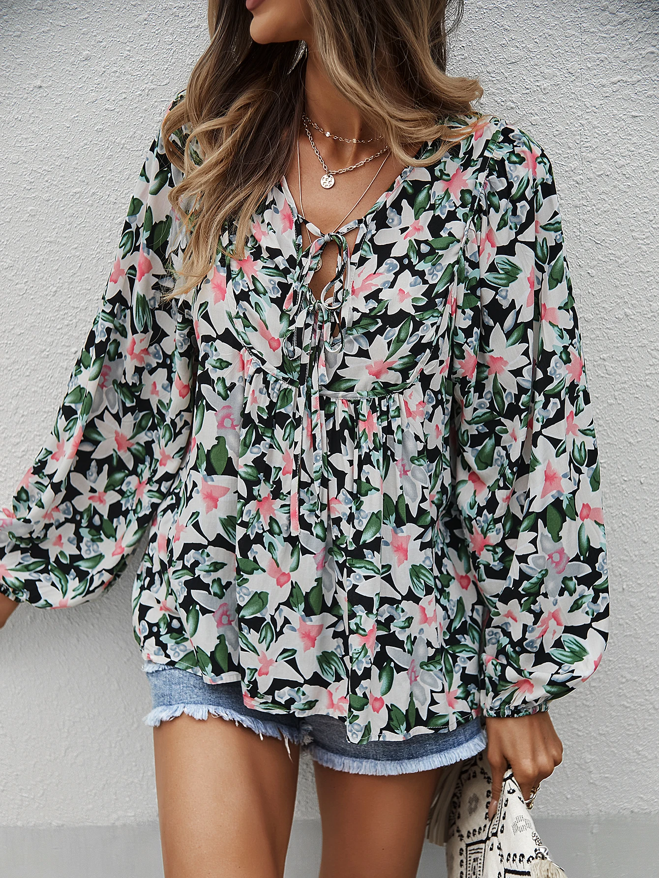 Ladies boho chic blouse and tops shirt ladies v neck lace tie hollow out bohemian cute tops blouse shirt boho clothing