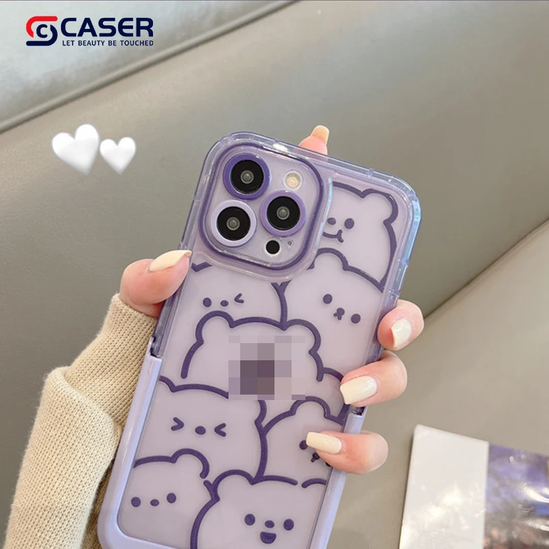 Ins Style Cartoon Purple Little Bear Phone Case With Stand Popular Lovely And Lucky Girl Mobile Phone Cover For Iphone 15 14