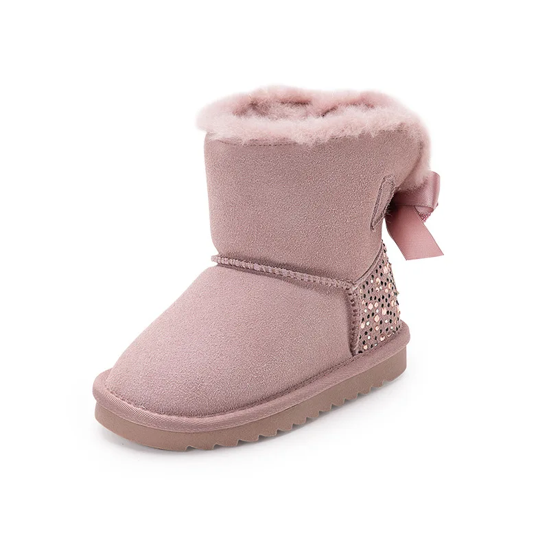 
genuine leather cute girl keep warm fancy rhinestone and bow knot snow boots for children 