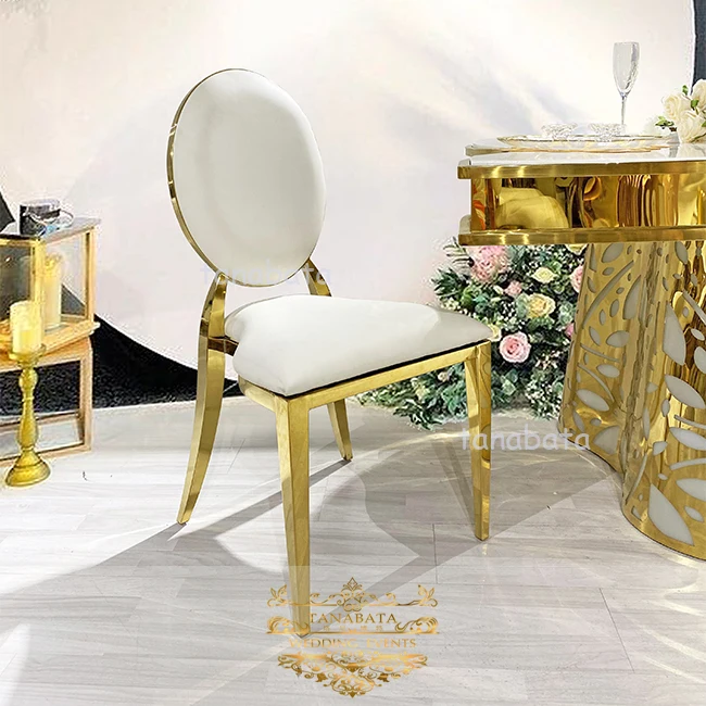 
 Элегантный дизайн, кожаные подушки, серебристый круглая спинка из нержавеющей стали, Штабелируемый свадебный стул  