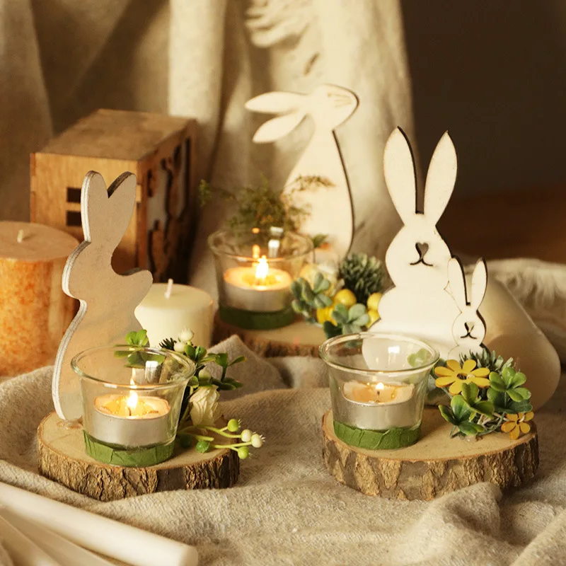 Home natural plants Nordic wooden rabbit glass candlestick creative furniture decorations