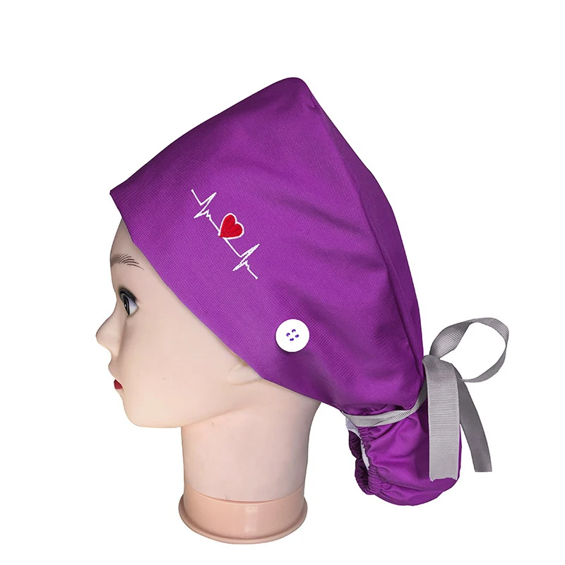 Best Quality Solid Color Satin Embroidered Hat For Long Short Hair Vets Nurse Doctor Surgical Scrub Caps With Bow Tie