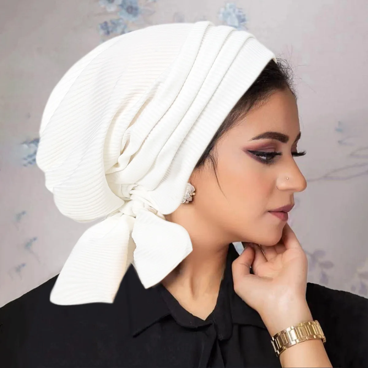 HZM-24026 Ethnic Style Muslim Solid Color Stretchy Turban Hats Head Cover Chemo Head Wraps Hat For Women Girls