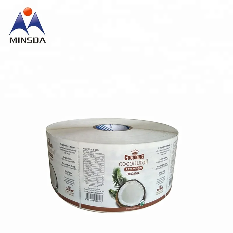 Minsda custom printing  coconut oil bottle packaging label sticker with logo self adhesive label