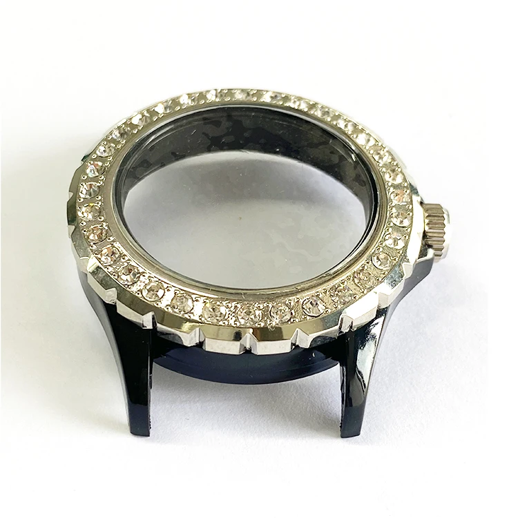 Luxury Round Watch case With CZ Stone Bezel Insert Transparent Watch Case With Steel Case Back OEM ODM Welcome