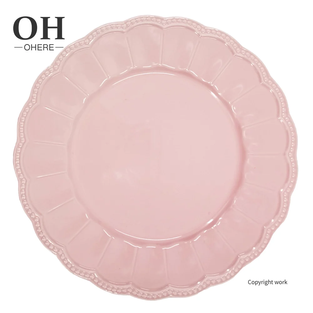 Ohere wholesale restaurant charger embossed porcelain dinner plate vintage ceramic dinnerware sets bulk pink wedding flatware