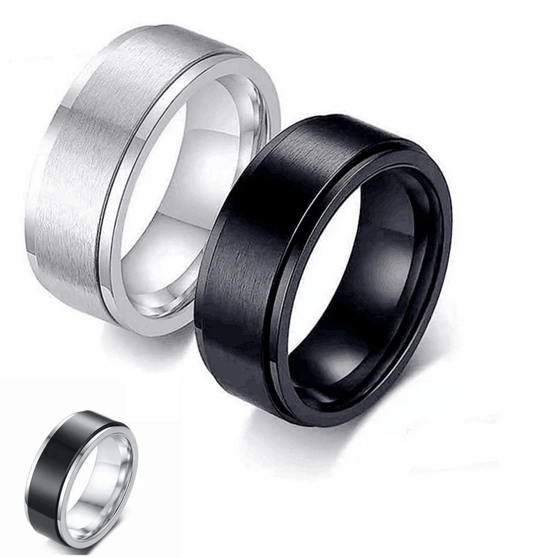 2024 Trendy Fashion Round Rotatable Black Silver Simple Men Rings Stainless Steel Rings Anxiety Rings For Men