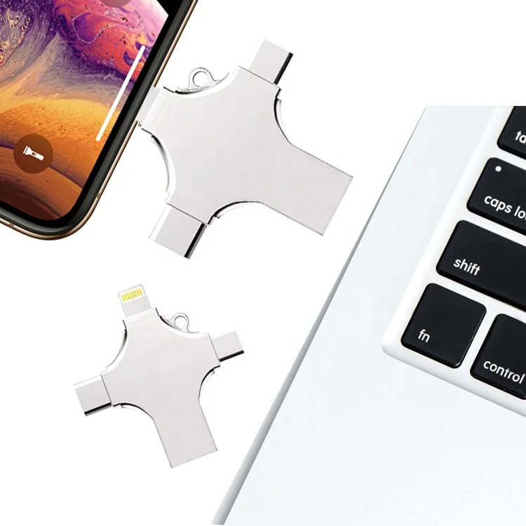 For iPhone/Andriod/Computer 4 IN 1 USB Flash OTG 32GB USB Flash Drive Type C 3.0 16GB 64GB 128GB 256gb Pendrive Metal USB Stick