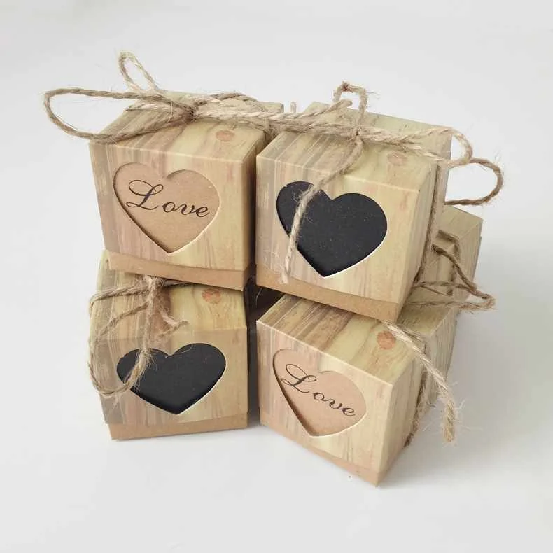 Wood Grained Paper Box Wedding Paper Chocolate Packaging Box with VisibleHeart Hollow