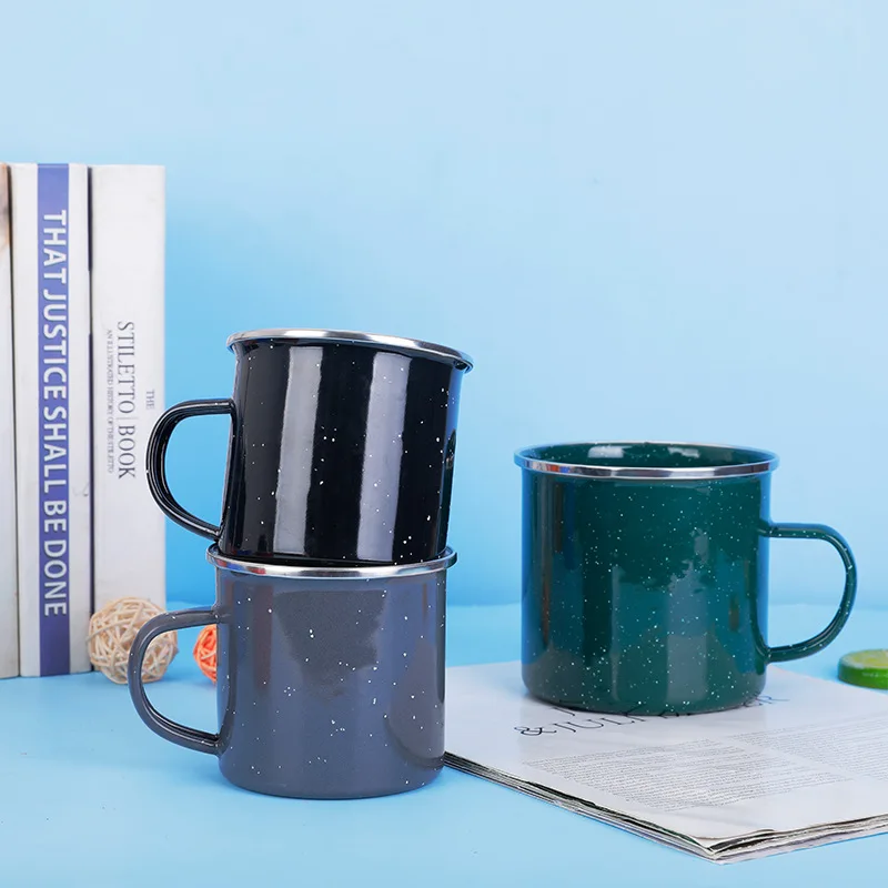 Wholesale 6/7/8/9/10/11/12/14cm 12oz Custom Logo Printed Metal Steel Outdoor Travel Enamel Camping Coffee Tea Cup Mug With Decal