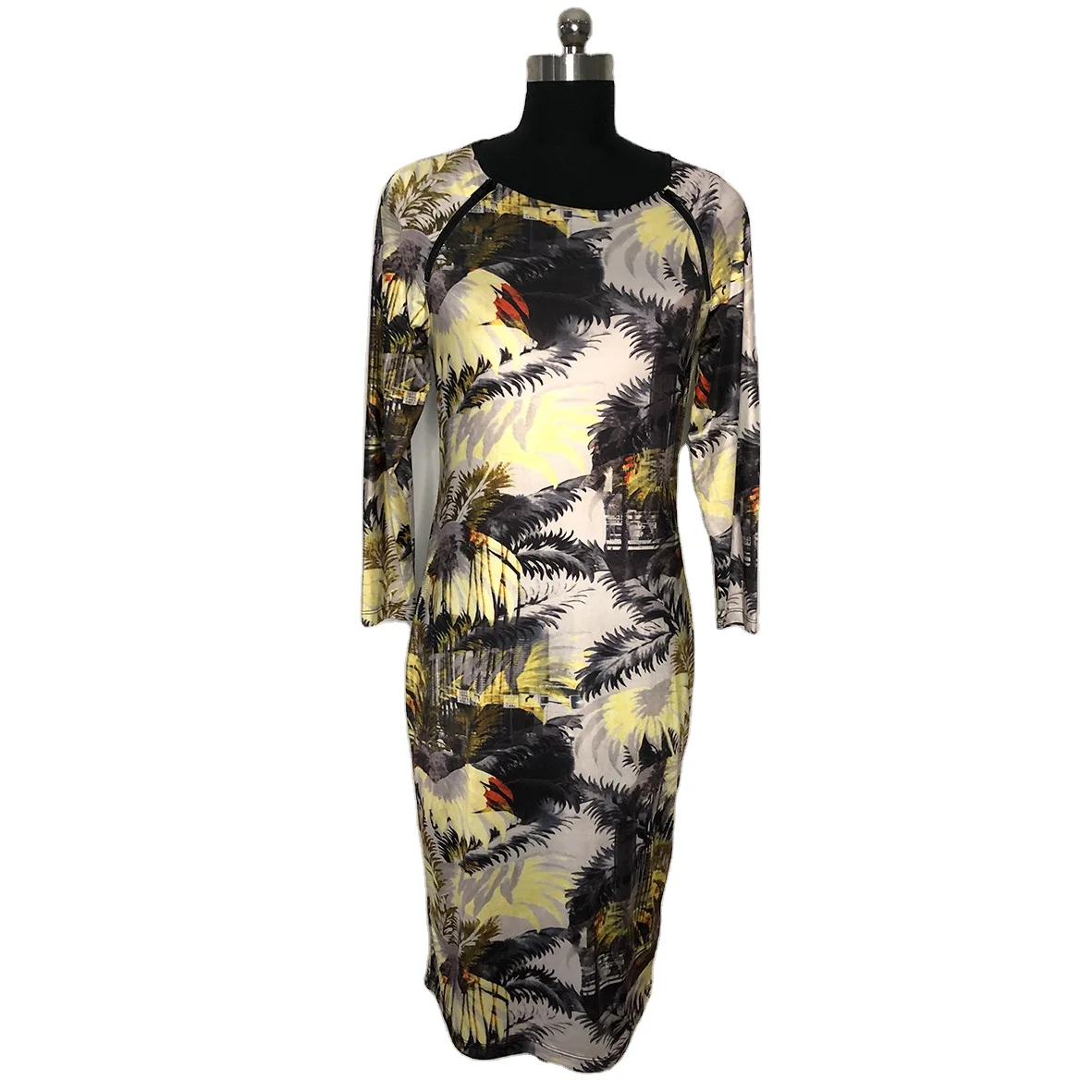 New design digital print long blouse dress viscose rayon long sleeve dress