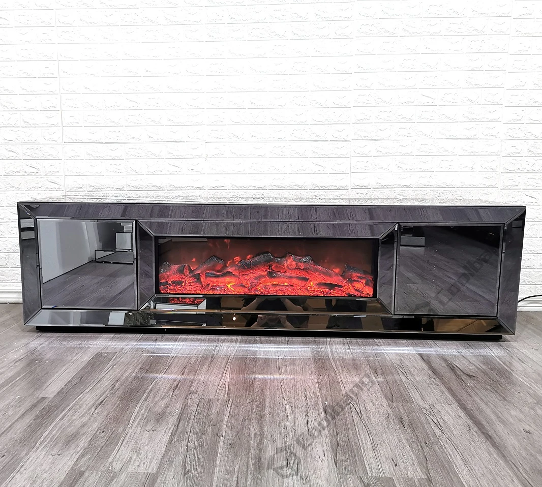 Large Mirrored Furniture Smoke Grey Glass TV Stand with Electric Fireplace