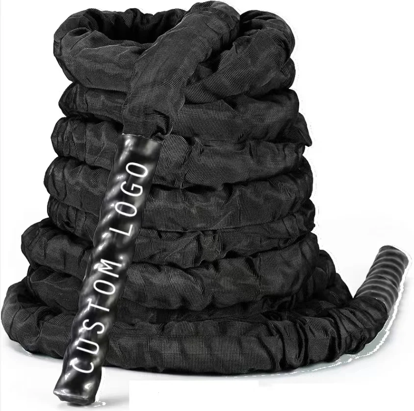 FANDING Black Workout Rope 100% Poly Dacron Heavy Battle Rope 1.5 Diameter 30 40 50 Lengths with Protective Sleeve
