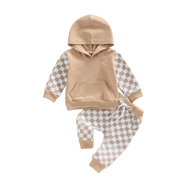 Newborn Baby 2Pcs Spring Autumn Baby Boy Outfits Toddler Long Sleeve Checkerboard Print Hoodie and Pants Set 0-3T