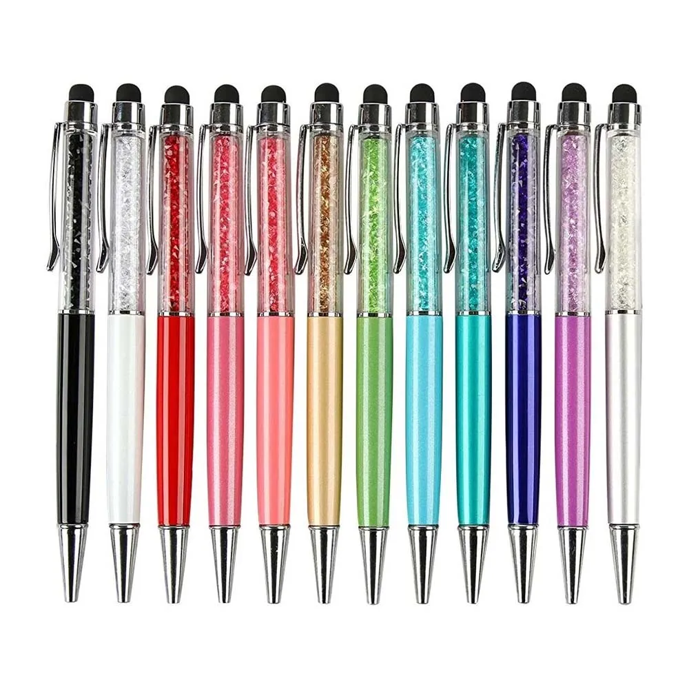 Novelty Personalized Crystal Pen With Stylus Wholesale Stone Inside Custom Logo Metal Twisted Touch Ball Point Ballpoint