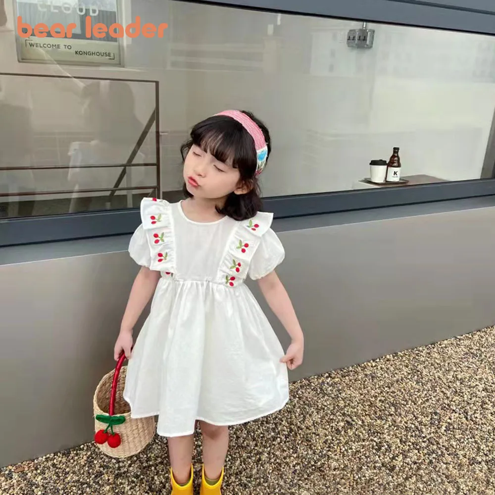 Bear Leader Korea Girls Summer Dress Cherry Embroidery Princess Dresses Flying Sleeve Children Casual Clothes Baby Girl Costume