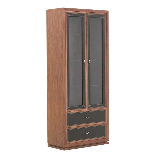 
Modern Simple Wooden Wine Cabinet Living Room Furniture With 2 Drawers Double Glass Door Design Display Cabinet 