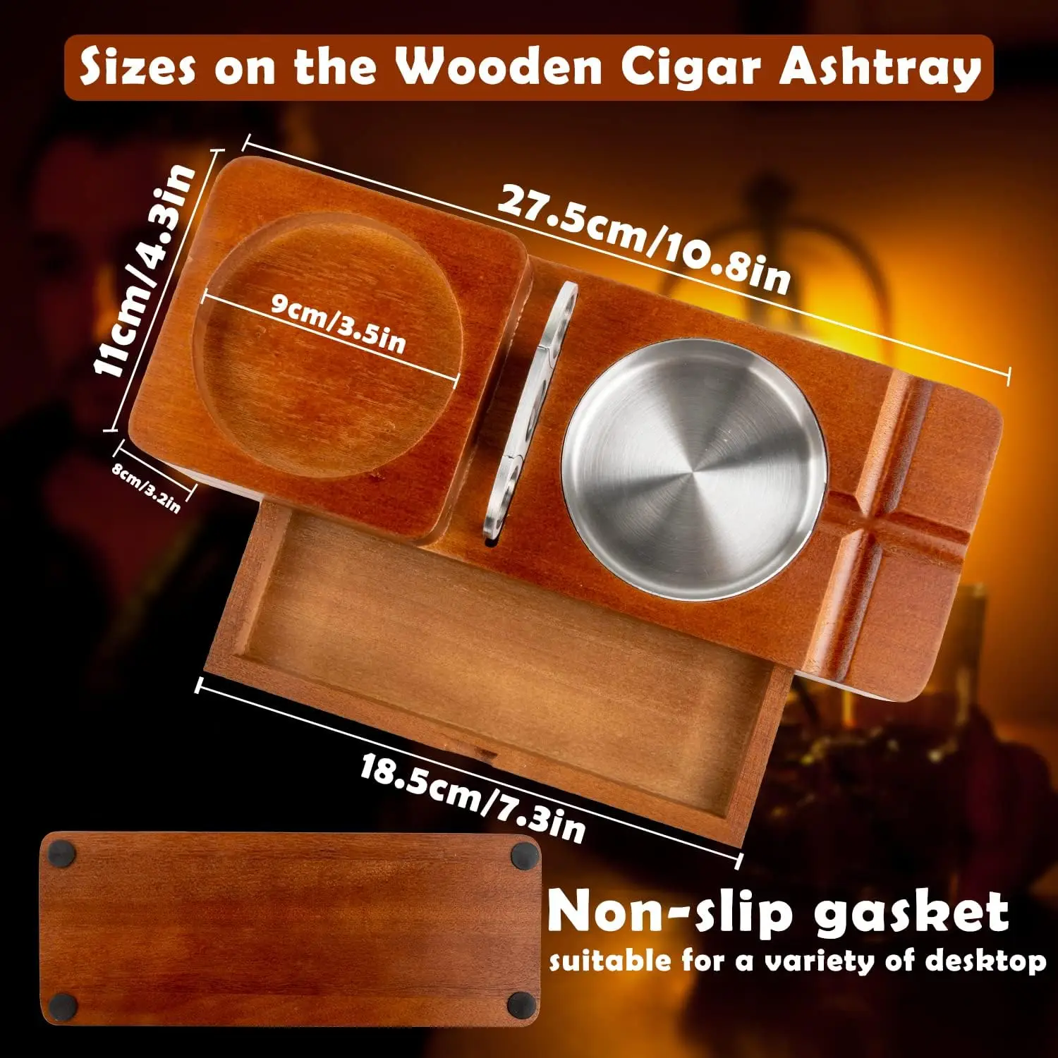 Custom logo gifts set bamboo wood cigar ashtray and whiskey glass holder