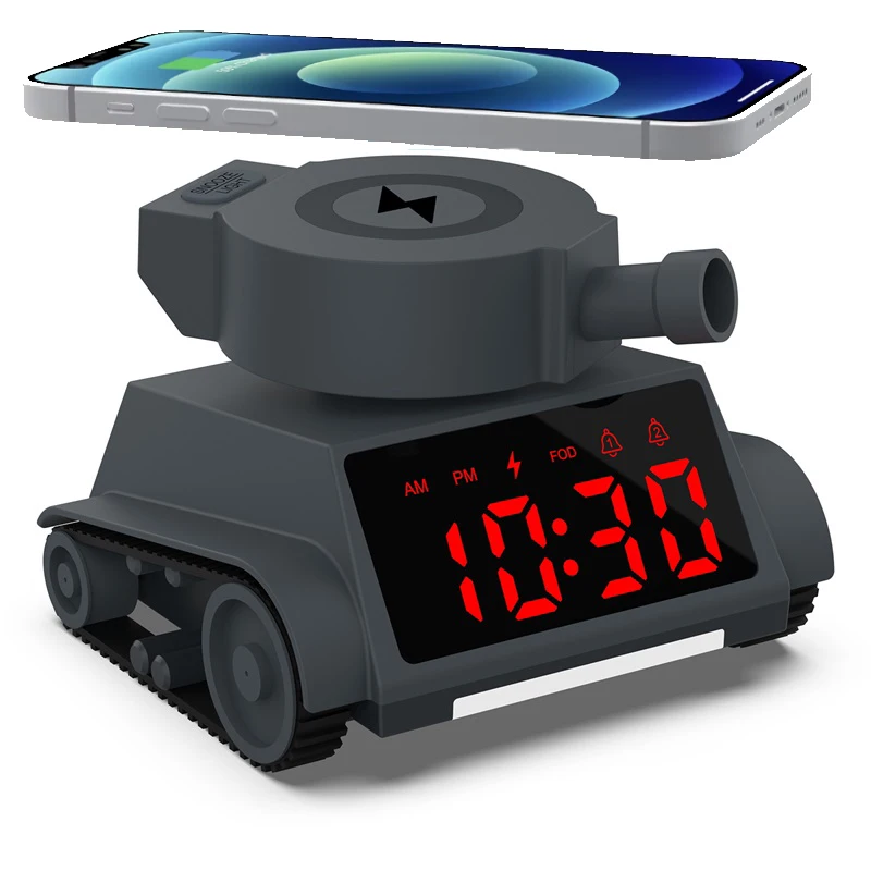 2024 New Tank Design Wireless Charging Station Alarm Clock Night Light Fast Charging For Iphone