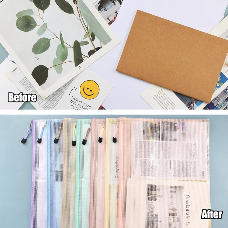 Waterproof A3 A4 Mesh Zipper Pouch PVC File Document Bag for Travel School and Office for Organizing