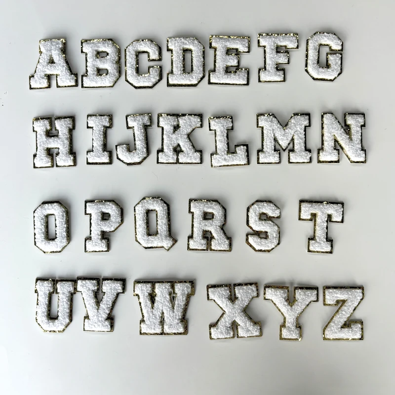 Services Wholesale custom A-Z packaging alphabet letter embroidery applique golden edge iron on white letters chenille patches