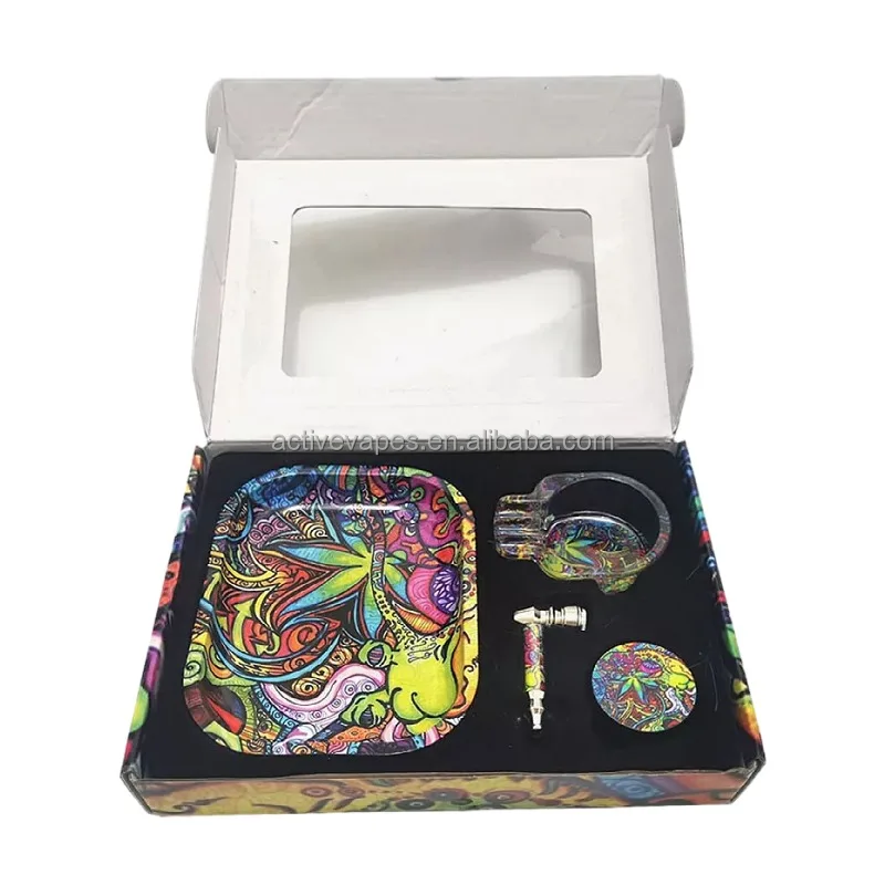 Factory Price Rolling Tray Bundle 4 In 1 Accessories Set Comes With Cigarette Tray Glass Ashtray Herb Grinder Metal Pipe