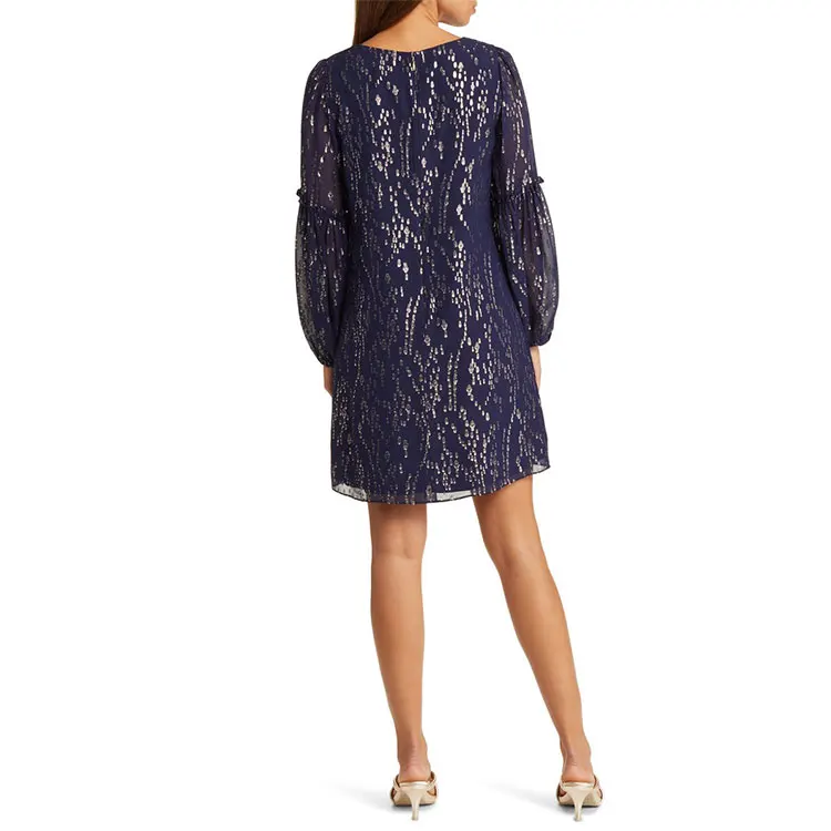 unique v neck Long balloon Sleeve frock dress wholesale custom Twinkling Metallic Silk Chiffon Shift Dress