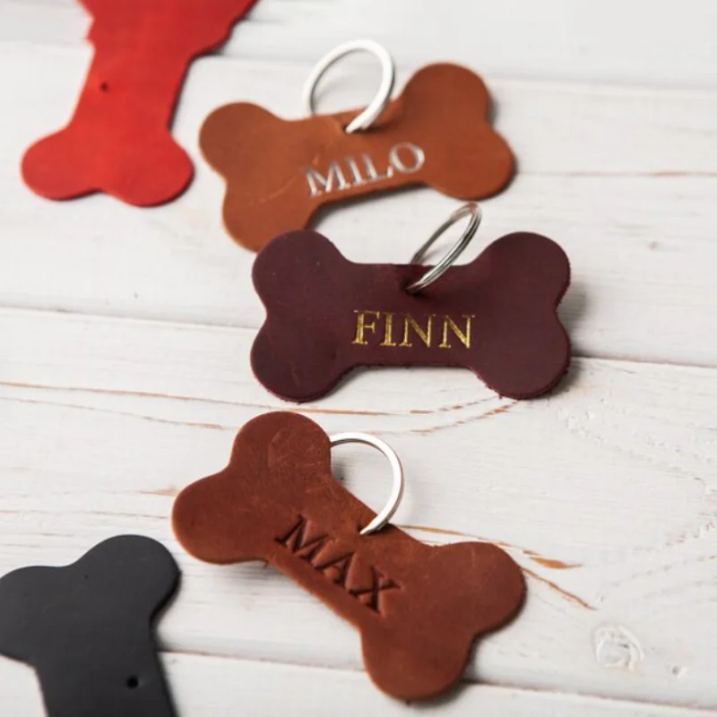 Custom Logo Dog Collar Tag Key Ring Cat Dog Name Tag Genuine Leather Bone Shape Dog Tag