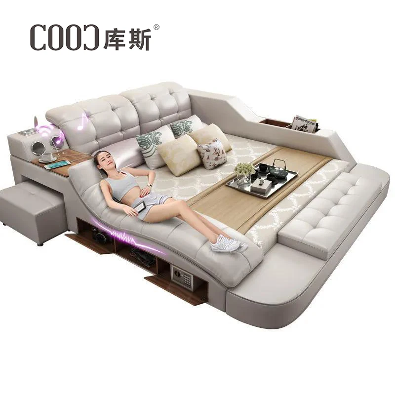 
Guangdong furniture modern massage bed wireless audio speaker king size pillow leather multifunctional bed With stool 