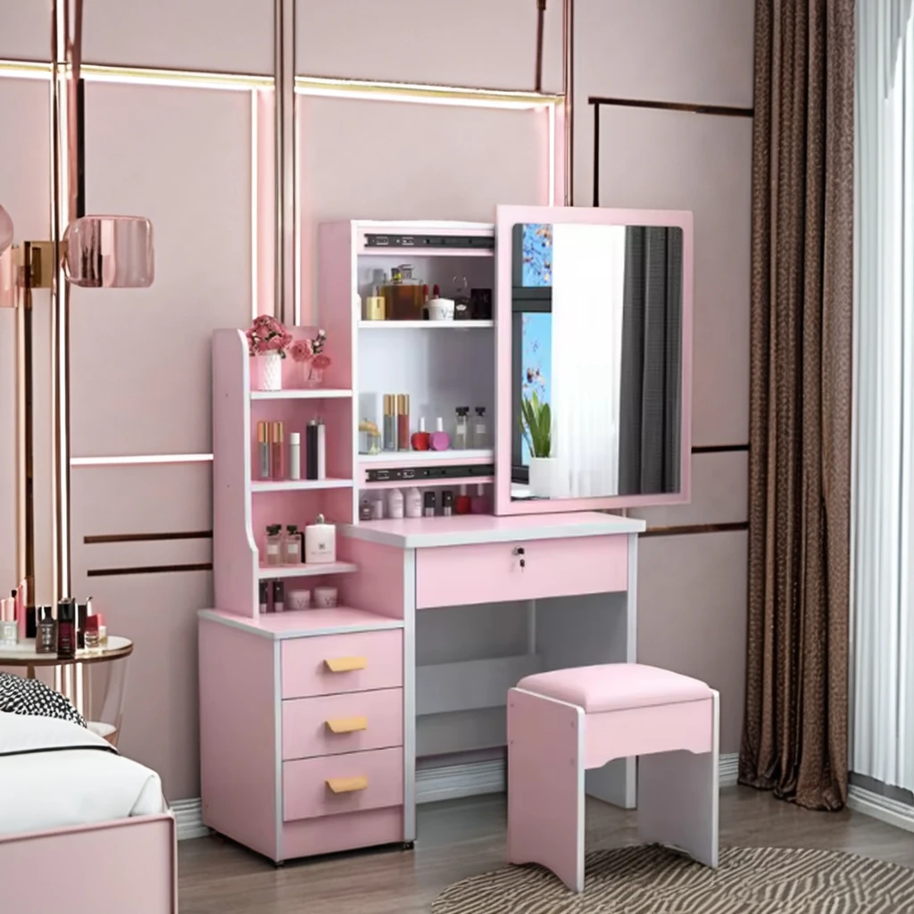 customized modern design mdf makeup wooden table girls dressing table makeup vanities with sliding mirror and drawers