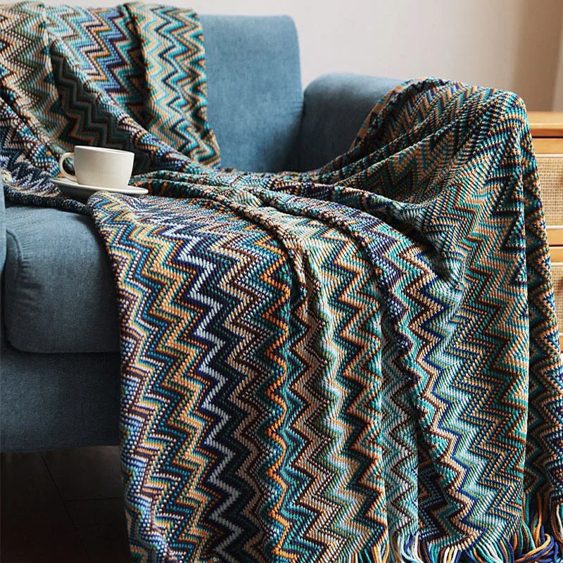 Boho Aztec Fringe Sofa Knitted Blanket