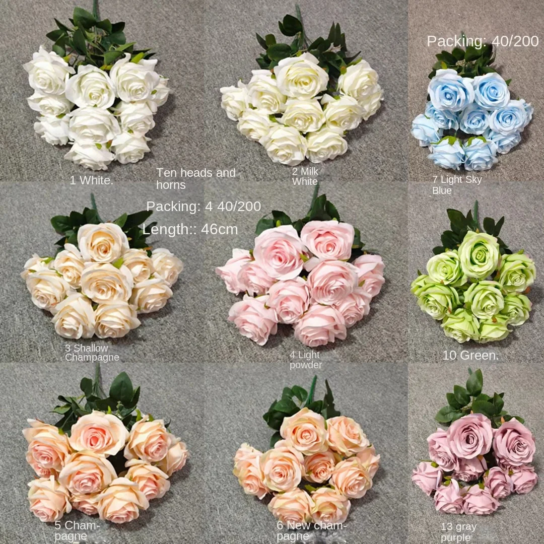 New 10 Head Rose Artificial Flowers Factory Wholesale Wedding Background Wall Fake Roses Xi Shi Mei Wedding Decoration Bundle