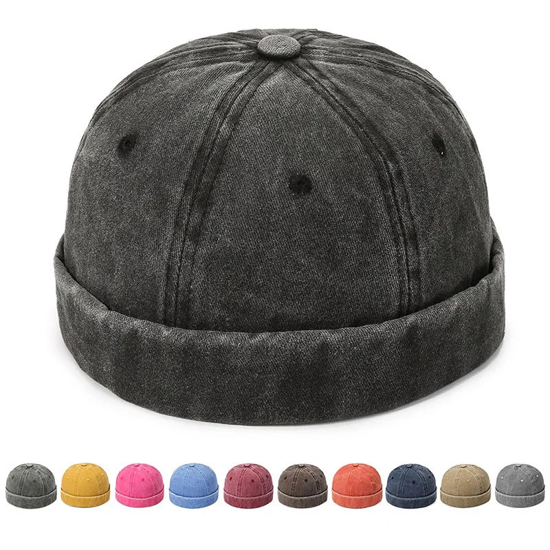 Brimless Hat Docker Cap Retro Cotton No Brim Hat Adjustable Rolled Cuff Brimless Cap