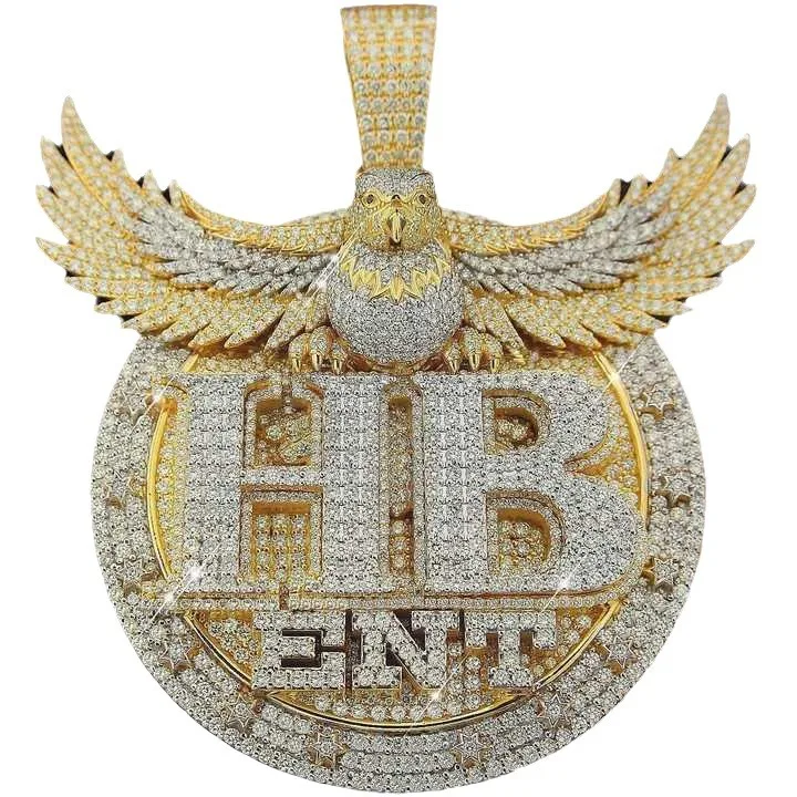 18k Real Gold Plated Iced Out Jewelry 3D Design Eagle Moissanite Solid Circle Pendant 925 Hip Hop Rapper Moissanite Pendant