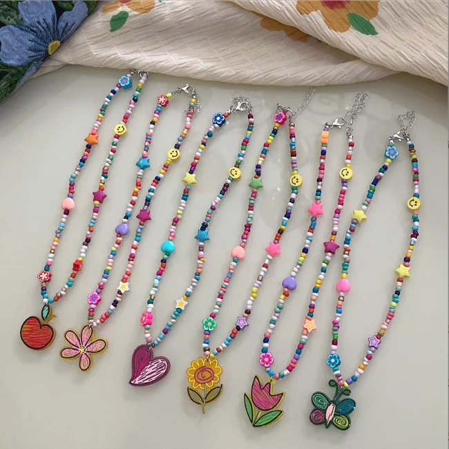QIFEI Handmade Colorful Beaded Flower Necklace Fashion Polymer Clay Fruit Bear Necklace Pendant