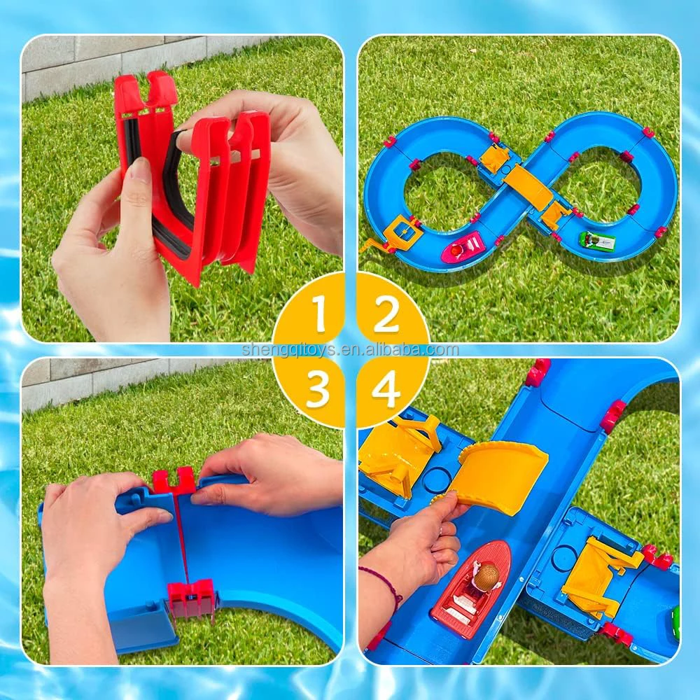 Large Water Park Play Set Activity Waterway Toy with Boat Wind-up Toy for Backyard Lawn Pool Summer Water Toys