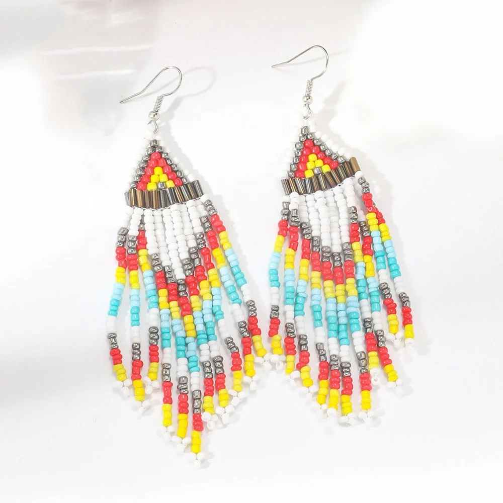 fashion dangling earrings for girls boho long fringe seed beaded tassel earrings