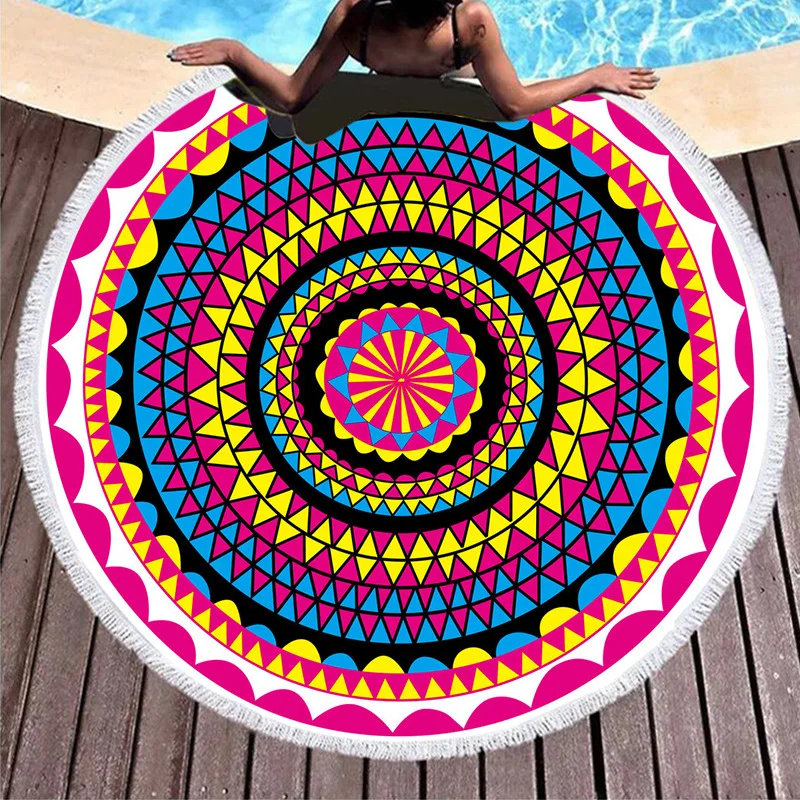 Wholesale Bulk No Sand Microfiber Round Bohemian 3D Digital Printed Tassel Beach Towel