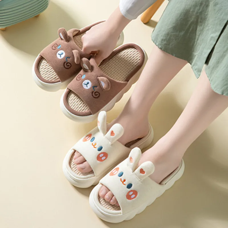 Lovely rabbit linen slipper couples household cotton linen slippers anti slip