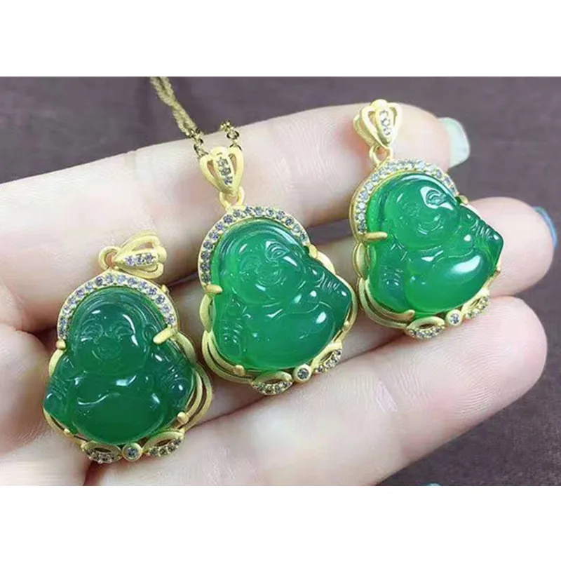 Wholesale cheap jewelry copper gilded buddha beads chalcedony agate pendant necklace maitreya buddha pendant