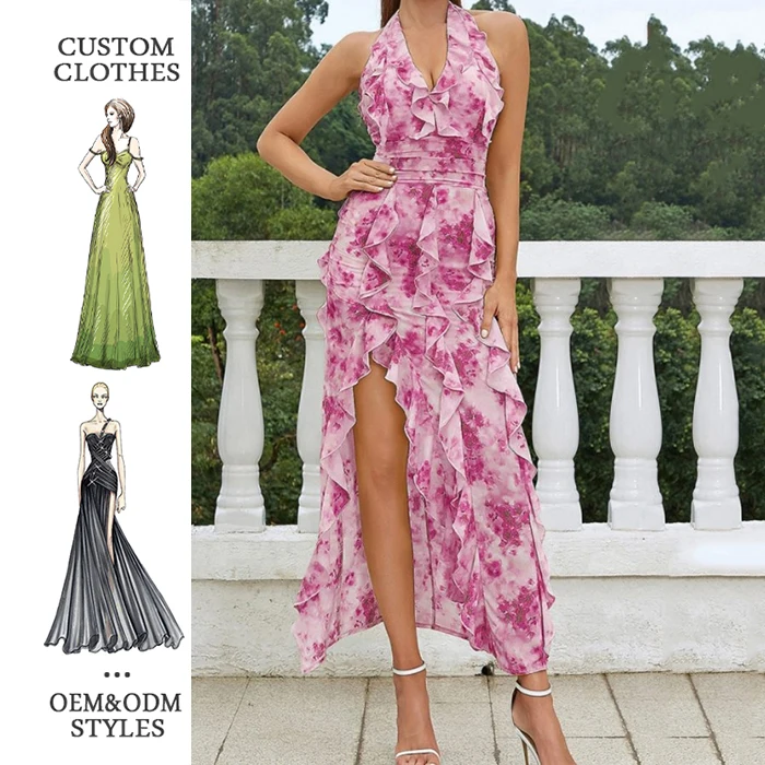 Summer Style Floral Printed Chiffon Ladies Dress Halter Neck Ruffle Design Asymmetrical Slit Dress Women Sexy Bodycon Dress