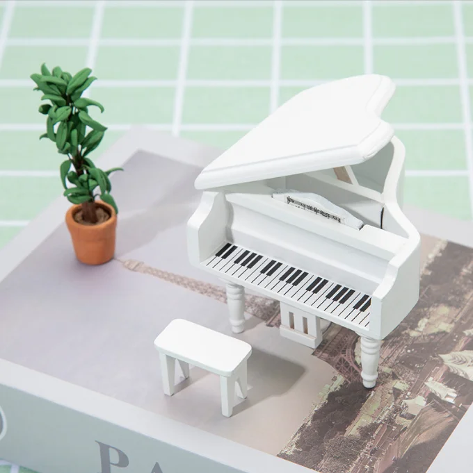 Doll Piano with Chair 1:12 Scale Miniature Musical Instrument, Wooden Grand Piano for Dollhouse Accessories