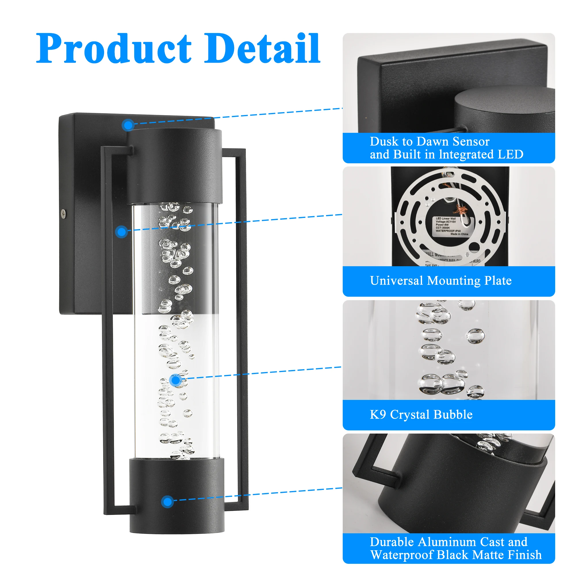 3000K Cylinder IP40 Acrylic Bubble Aluminum Hard Wired 6W LED Outdoor Fixture Lantern Wall Mounted Lamp Matt Black Wall Light