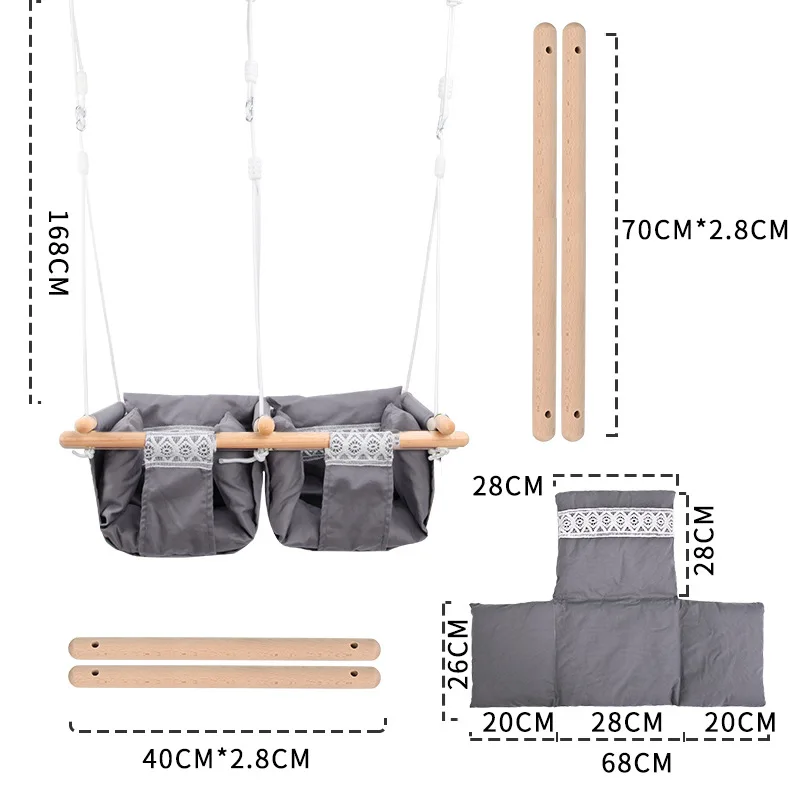 Twins swing toddler wooden baby swing Hanging wood Children Camping Cotton Baby Cradle Swing chair household Padded Bouncer