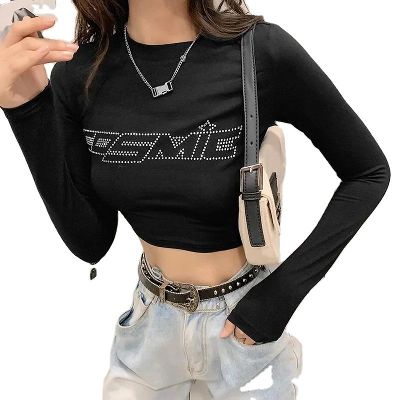 Wholesale Custom Logo Bling Fashion Long sleeve Vintage Women Rhinestone Crop Top T-Shirt